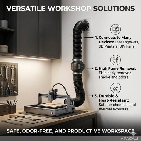 Heavy Duty 3 Inch Flexible PVC Ducting Hose 16.4 Ft Black Dryer Vent With Two Clamps in a workshop setup for ventilation
