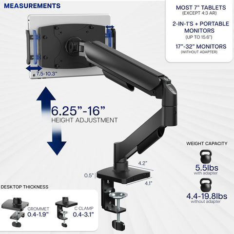 Level Up Your Workspace With This Height Adjustable Counterbalance Desk Mount For Tablets And 15 6 Inch Two In One Laptops Slick Spring Loaded Arm Rock Solid Grip Smooth Glide Finish Black with adjustable height and weight capacity.