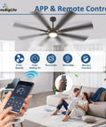 Living room with installed 72 Inch Ceiling Fan With Lights, 8 Blade Dual Finish Black And Wood Look, Remote And App Control