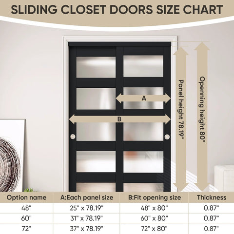 60-Inch By 80-Inch Sliding Closet Door With 5-Lite Frosted Glass Bypass, Hardware Kit And Matching Fascia in black finish shown installed.