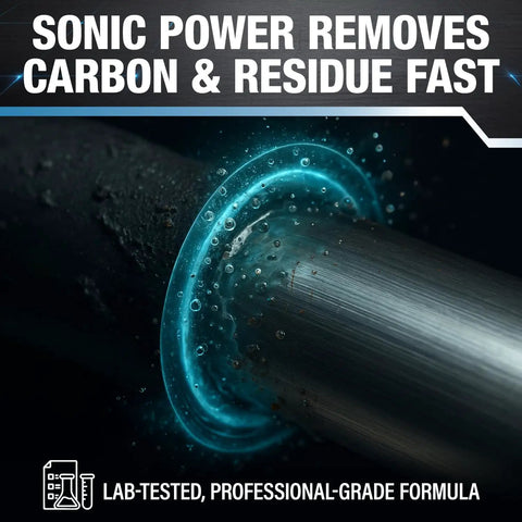 Heavy Duty Ultrasonic Gun Cleaning Fluid One Gallon Pro Strength Mixes Into Eight Gallons stripping carbon and residue from a metal surface.