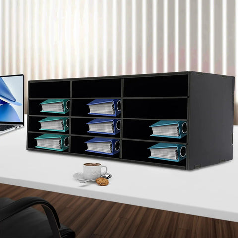 12 Slot Mail Sorter Organizer Desk File Holder With Top Platform For Keys Envelopes And Small Office Essentials PVC Black Desk Space Saver
