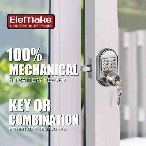 All Mechanical Keyless Entry Pad Deadbolt Lock In Stainless Steel 304 Sabbath Ready Lock No Battery Needed Use Passcode Or Key Durable Pro Grade Security For Home Or Office installed on a glass door, showing mechanical pad and key.