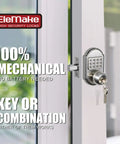Close-up of fully mechanical keyless entry keypad deadbolt door lock in 304 stainless steel with key option on glass door.