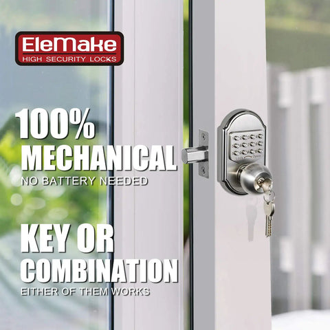 Close-up of fully mechanical keyless entry keypad deadbolt door lock in 304 stainless steel with key option on glass door.