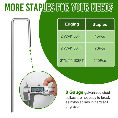 Steel spike and chart for 33 Foot Plastic Landscape Edging Border Kit With 4 Inch High Panels 45 Ground Stakes And Hammer Included