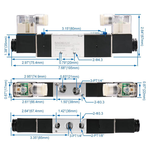 Dimensions of Pneumatic Solenoid Valve 4V230C-08 24V DC Internally Piloted, 5 Way 3 Position, PT1/4 Inlet Outlet Exhaust PT1/8