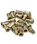 Upgrade Your Metal Projects With These Premium Flat Head Threaded Insert Rivet Nuts Made From Durable Carbon Steel Perfect For Tough Home DIY Tasks And Professional Repair Jobs Sure To Last A Long Time While Adding Sleek Flush Style To Any Wood Or Metal - 20 pack of carbon steel rivet nuts.