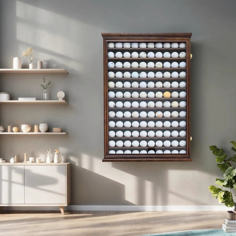 Roomy 120 Ball Golf Ball Display Case with UV Protection and Lockable Beech Wood Cabinet in Walnut Finish