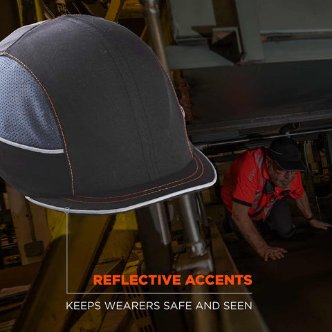 Skullerz 8950 Bump Cap Baseball Style Hard Hat Alternative With Removable Foam Padding, Micro Brim, Breathable Side Vents, Reflective Piping For Enhanced Visibility, Comfortable Head Protection Black