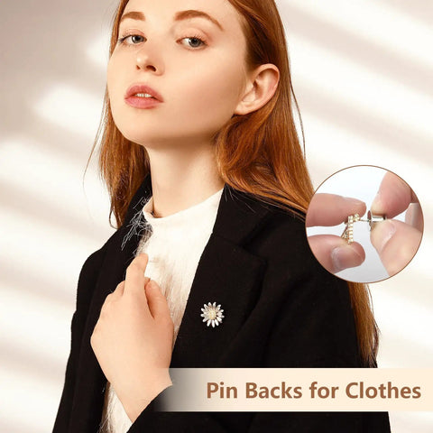 Young woman wearing a flower brooch secured with a 70 Pack Locking Pin Backs Metal Seals For Badges Brooches And Enamel Pins Secure Your Swag With These Dope Pin Fasteners Keep Your Pins Safe With These Badass Clamps Perfect For Crafting Collectors To Style Your Gear On Point Any Day.