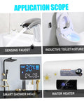 Collage showing application scope of smart home devices: sensing faucet, inductive toilet fixtures, smart shower head, and water heater.