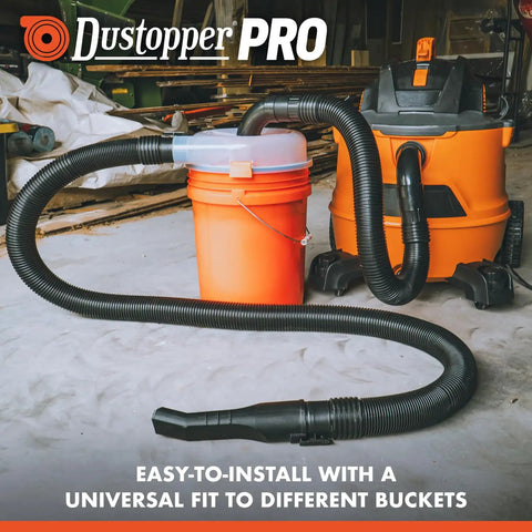 Low Profile Dust Separator Pro Grade For Your Shop Vacuums With High Flow 90 Degree Sweep Elbows And Connection Hose Fits Standard 5 Gallon Buckets Made In USA connected to a shop vacuum