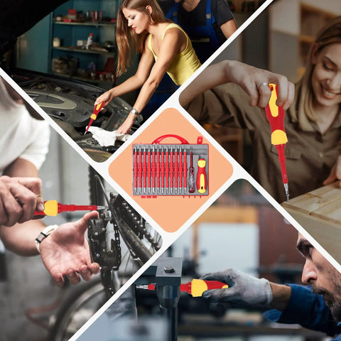 Collage showing 1000V Insulated Electrician Screwdriver Set with case and people using the tools in various electrical repairs.