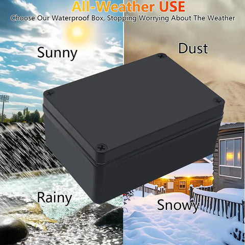 Tough As Nails IP67 Waterproof ABS Junction Box Heavy Duty Electrical Enclosure in all-weather conditions, shown against four seasons.
