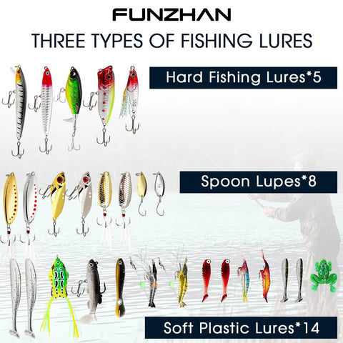 27-Piece Fishing Lures Kit with Hard and Soft Baits for Bass, Trout, Pike, showing hard lures, spoon lures, and soft plastics.