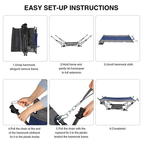 Easy setup of Portable Folding Hammock With Stand Removable Pillow Storage Net Foldable Lounge Camping Bed for Outdoors shown
