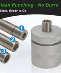 Pro-Grade Coin Ring Punch Kit And Die Set with three metal punches and die, labeled 1, 2, 3 for jewelry making, gaskets, leatherwork.