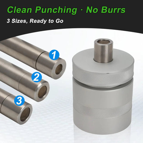 Pro-Grade Coin Ring Punch Kit And Die Set with three metal punches and die, labeled 1, 2, 3 for jewelry making, gaskets, leatherwork.