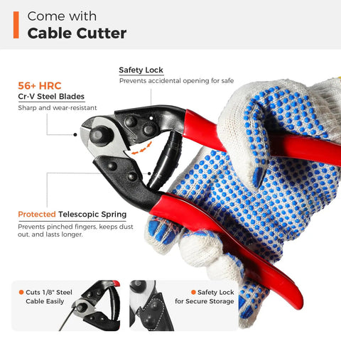 Gloved hand holding cable cutter for Marine Grade 316 Stainless Steel Cable One Eighth Inch Wire Rope 1000 Feet