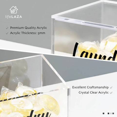 Close-up of Premium Acrylic Laundry Pods Container With Lid Clear Pod Holder For Tide Pods And Detergent Capsules Storage Dispenser