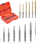 15 Piece Screw Extractor Set With Left Hand Reverse Drill Bits, 37CR MO And 6542 HSS Steel Cobalt, Includes One Quarter Inch Adaptor, Easy Out Stripped Bolt Remover Kit, Fast And Simple Broken Screw Head Extraction, shown with open red case displays drill bits and extractors.