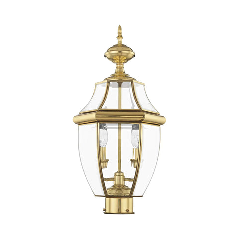 Monterey 2 Light Outdoor Post Light In Polished Brass Finish With Solid Brass Construction And Clear Beveled Glass, front view.