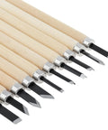Pro Grade Ten Piece Wood Carving Chisel Set Forged From Heat Treated Chrome Vanadium Steel With Comfortable Wooden Handles showing tips and wooden handles.