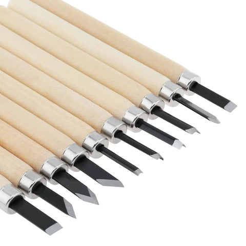 Pro Grade Ten Piece Wood Carving Chisel Set Forged From Heat Treated Chrome Vanadium Steel With Comfortable Wooden Handles showing tips and wooden handles.