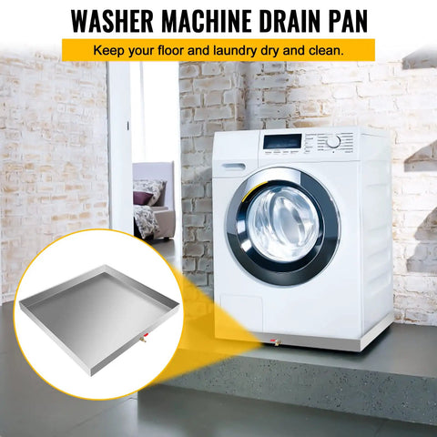 Heavy Duty Stainless Steel Washing Machine Pan 27x25x2.5 Inches, 18 Gauge Drain Tray under white washer to prevent leaks