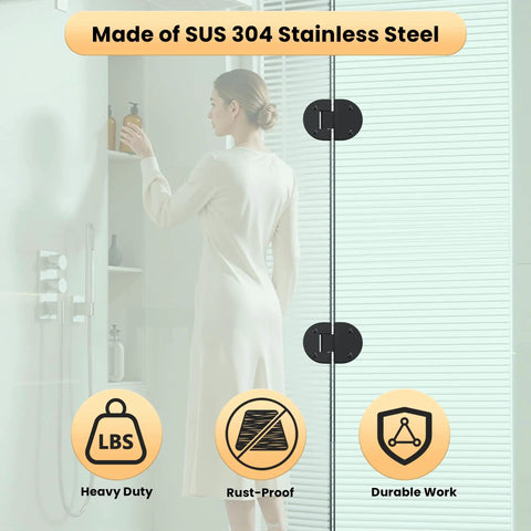 Black 180 Degree Glass Shower Door Hinge For Bathroom Built To Last Rubber Cushion Pads Notch Cut Required During Install Easy Swap From Old Hinge 1 Pack visible on glass shower door with woman
