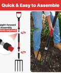 Person using Beefy 44 Inch Heavy Duty Pitch Fork With Fiberglass Handle 4 Tine Steel Spading Fork For Manure Mulch Digging And Aeration Lightweight Yet Rugged Garden Tool For Loose Soil, showing tool assembly details.