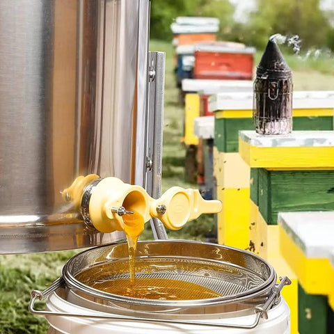 Pro Grade Stainless Steel Honey Strainer With Dual Sieves For Beekeeping And Honey Extraction filtering honey into bucket