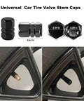 Universal car tire valve stem caps with size dimensions and installed view on car wheel, black finish