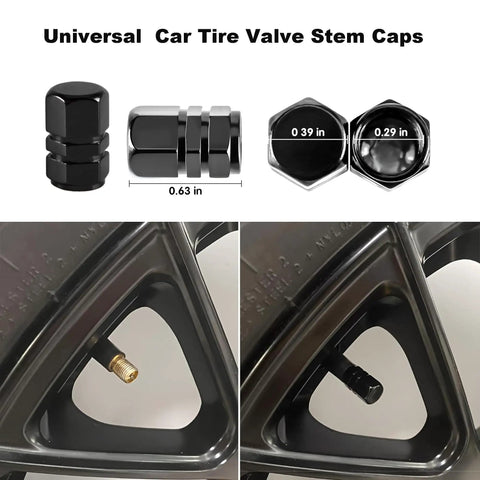 Universal car tire valve stem caps with size dimensions and installed view on car wheel, black finish