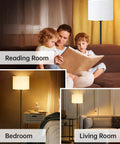 Tall Floor Lamp 58 Inch Modern Standing Light With White Linen Shade Black Metal Pedal Switch in various room settings