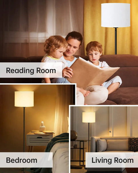 Tall Floor Lamp 58 Inch Modern Standing Light With White Linen Shade Black Metal Pedal Switch in various room settings