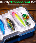 Sturdy transparent box of Fishing Tackle Box With Tackle Included 373 Piece Lures Kit With Removable Tray Pliers Weights Hooks And Accessories Be The Go To Gift For Men Bass Trout Anglers showing colorful lures.