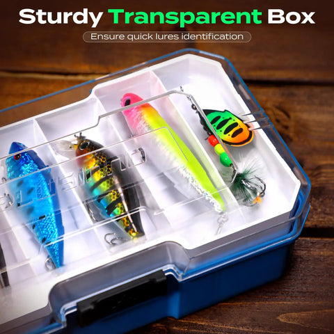 Sturdy transparent box of Fishing Tackle Box With Tackle Included 373 Piece Lures Kit With Removable Tray Pliers Weights Hooks And Accessories Be The Go To Gift For Men Bass Trout Anglers showing colorful lures.