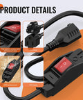 Outdoor 2 Ft 14AWG 3 Prong Extension Cord With Waterproof Lighted Inline Switch Plug In Ready Power Cable 15A 125V