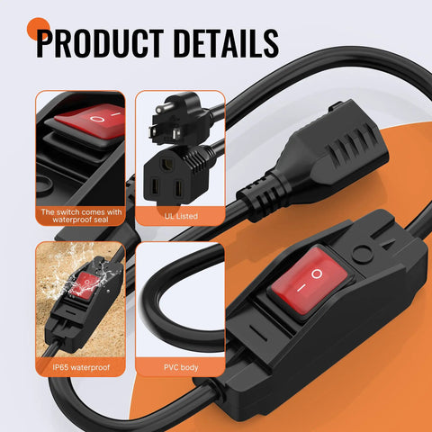 Outdoor 2 Ft 14AWG 3 Prong Extension Cord With Waterproof Lighted Inline Switch Plug In Ready Power Cable 15A 125V