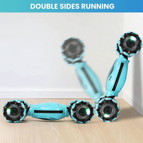 Gesture Sensing RC Stunt Car For Kids 6 To 12 performing double-sided flip indoors on hardwood floor