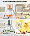 Commercial Vegetable Chopper With Four Replacement Blades, Heavy Duty Stainless Steel Cutter For French Fries, Potatoes, Fruits And Veggies, Dicer And Slicer For Restaurants And Home Kitchens with different blade sizes shown.