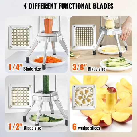 Commercial Vegetable Chopper With Four Replacement Blades, Heavy Duty Stainless Steel Cutter For French Fries, Potatoes, Fruits And Veggies, Dicer And Slicer For Restaurants And Home Kitchens with different blade sizes shown.
