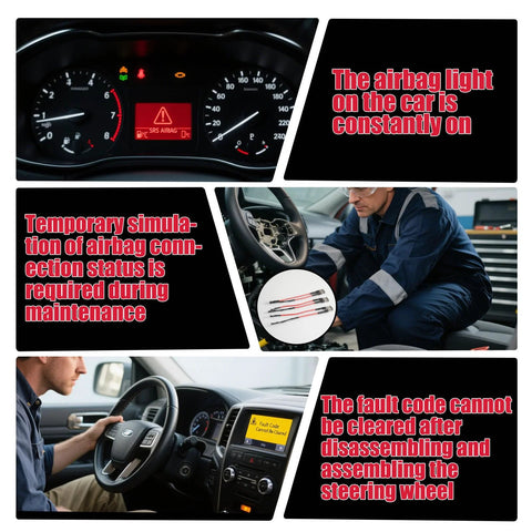 SRS warning light resistor kit (3-piece) for airbag bypass; collage shows dashboard warning lights, wiring installation, and steering wheel work.