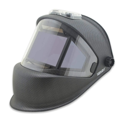 Panoramic 180 View Auto Darkening Welding Helmet With True Color Matte Carbon Fiber Finish, side view of big viewing area