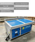 Heavy Duty Metalworking Downdraft Table With 3Kw Motor And 220V Power Pulling Serious Air Through Four Sided Suction For Welding Grinding Polishing And Deburring Dust Collection On A Beefy 59X39 Inch Workstation - Side view showing dimensions and control panel.