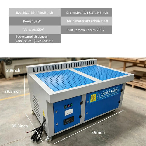 Heavy Duty Metalworking Downdraft Table With 3Kw Motor And 220V Power Pulling Serious Air Through Four Sided Suction For Welding Grinding Polishing And Deburring Dust Collection On A Beefy 59X39 Inch Workstation - Side view showing dimensions and control panel.