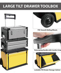 Stackable Metal Tool Box On Wheels With Two Drawers Rolling Upright Chest For Garage Or Workshop Heavy Duty Portable Organizer In Yellow