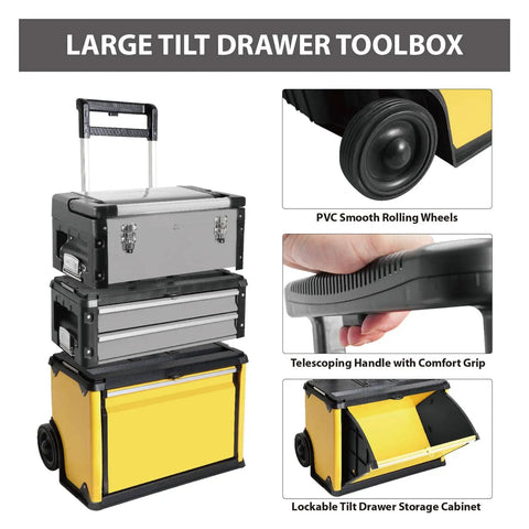 Stackable Metal Tool Box On Wheels With Two Drawers Rolling Upright Chest For Garage Or Workshop Heavy Duty Portable Organizer In Yellow